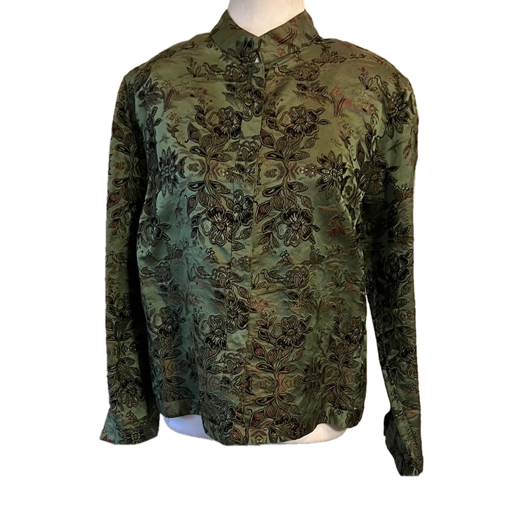 Chico's Olive Green Floral Jacquard Button-Up Jacket